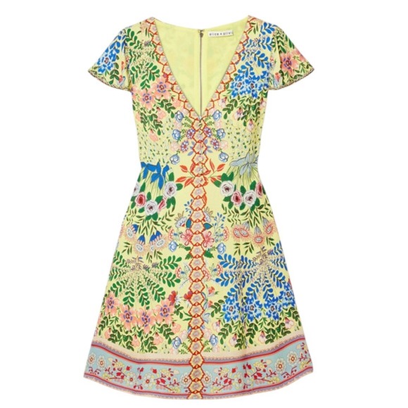 Alice + Olivia Dresses & Skirts - Alice + Olivia Hadley Floral Yellow Mini Fit & Flare Crepe Dress Sz 6 Tropical